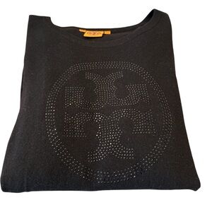 Tory Burch Black Beaded Logo Sweater with Signature Logo